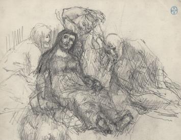 Lucien van der Borcht met schets op papier (voor en achterkant)