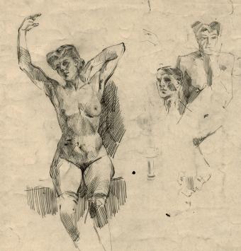 Groot schetsblad, naakte dames (voor en achter) +/- 1895