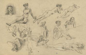 Groot schetsblad, naakte vrouwen (voor en achter) +/- 1895
