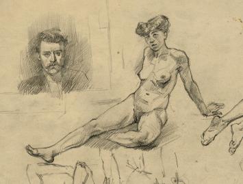 Groot schetsblad, naakte vrouwen (voor en achter) +/- 1895