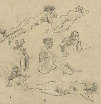 Groot schetsblad, naakte vrouwen (voor en achter) +/- 1895