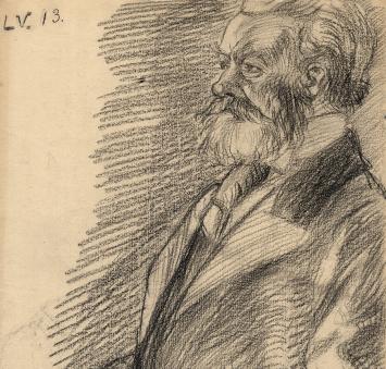 Lucien van der Borcht met schets op papier