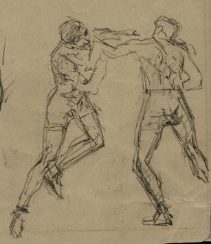 Lucien van der Borcht met een schets van boxers