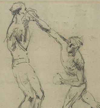 Lucien van der Borcht met een schets van boxers