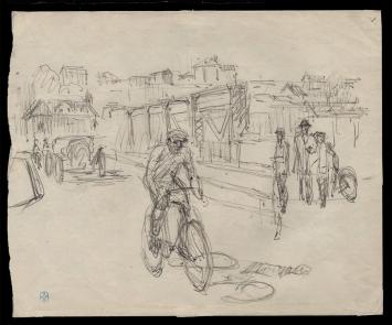 Schets met fietsers van de Belgische tekenaar Lucien van der Borcht