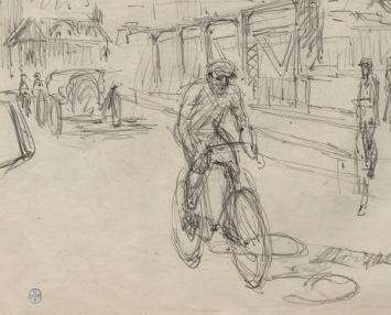 Lucien van der Borcht met schets op papier