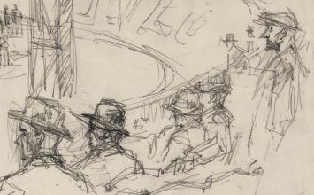 Lucien van der Borcht met een schets uit 1895