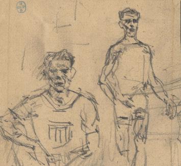 Lucien van der Borcht met een tekening van een atleet