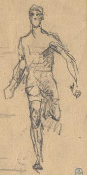 Lucien van der Borcht met een tekening van een atleet