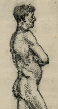 Lucien van der Borcht met een tekeningen van naakte man