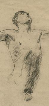 Lucien van der Borcht met een tekeningen van naakte man