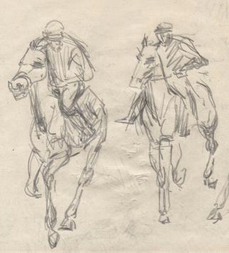 Lucien van der Borcht met een tekening van paarden