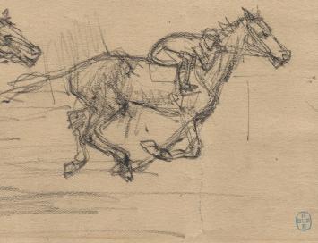 Lucien van der Borcht met een tekening van paarden