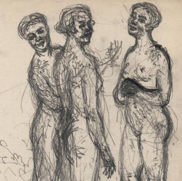 Lucien van der Borcht met schets naakte dames