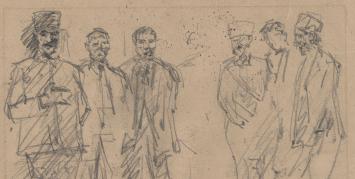 Lucien van der Borcht met schets op papier (voor en achter)