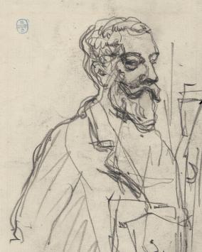 Lucien van der Borcht met portret James Ensor