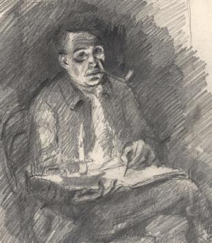 Lucien van der Borcht met een schets uit 1915