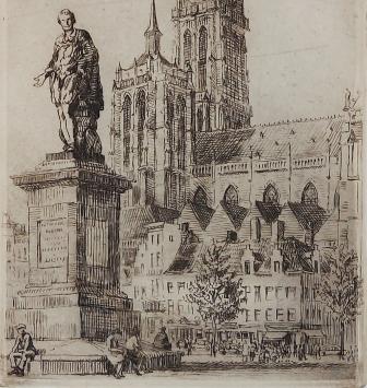 Romain Malfliet met een ets van de Groenplaats