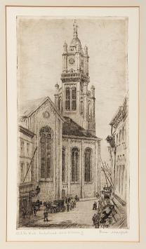 Belgische etser R. Malfliet met een ets van St Niklaas