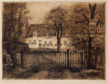 Belgische etser R. Malfliet met een ets van Kruibeke