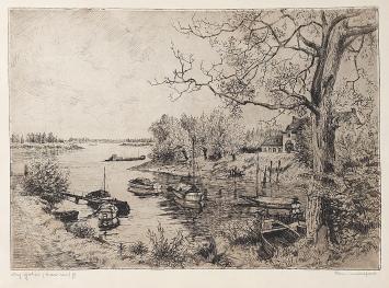 Belgische etser R. Malfliet met een ets van de Schelde