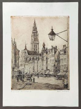 Belgische etser R. Malfliet met een ets van Antwerpen