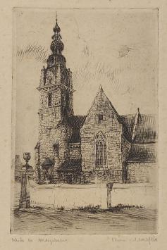Belgische etser R. Malfliet met een ets van een kerk