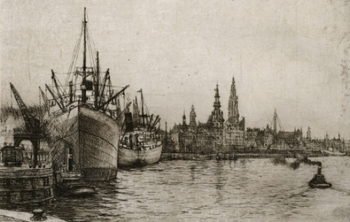 Romain Malfliet met een ets van plein in St Niklaas