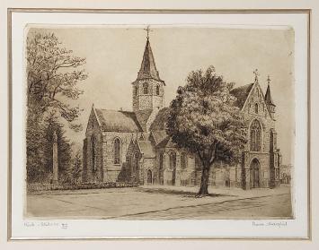 Belgische etser R. Malfliet met een ets van een kerk