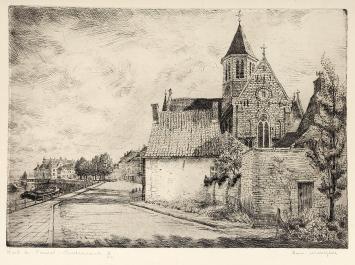 Belgische etser R. Malfliet met een ets van Pamel