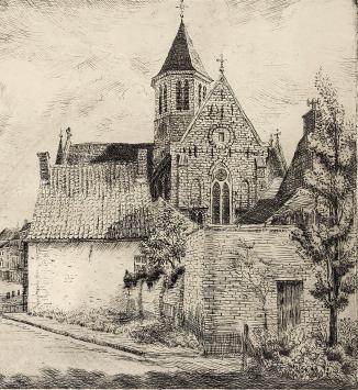 Romain Malfliet met een ets van kerk te Pamel