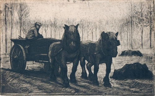 Romain Malfliet met een ets van een kar voor de mest