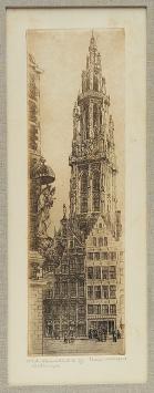 Belgische etser R. Malfliet met een ets van Antwerpen