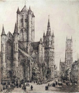 Romain Malfliet met een ets van Gent