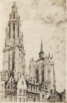 Romain Malfliet met een ets van oude gevels - Koremarkt
