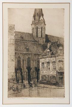 Belgische etser R. Malfliet met een ets van een kerk