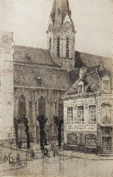 Romain Malfliet met een ets van kerk te St-Niklaas