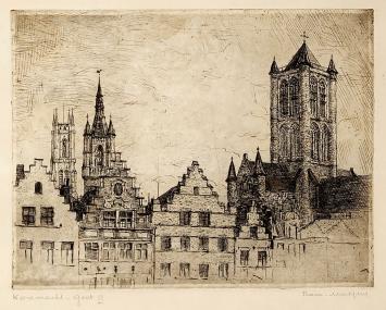Belgische etser R. Malfliet met een ets van Gent