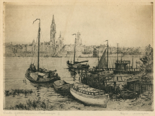 Belgische etser R. Malfliet met een ets van Antwerpen
