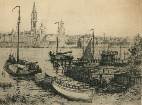 Romain Malfliet met een ets van de Antwerpse yachthaven