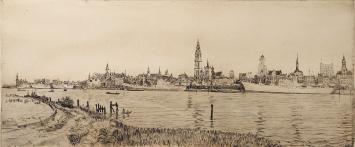 Romain Malfliet met een ets van de rede van Antwerpen