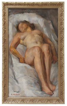 Huile représentant un nu féminin allongé sur un drap blanc, par Romain Malfliet – format vertical, touches douces