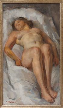 Naaktschilderij van een liggende vrouw op wit laken, olie op doek van Romain Malfliet, 20e eeuw