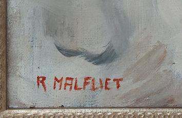 Naakt languit liggend op wit laken – Olie op doek – Romain Malfliet – 20e eeuw