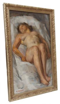 Naakt languit liggend op wit laken – Olie op doek – Romain Malfliet – 20e eeuw