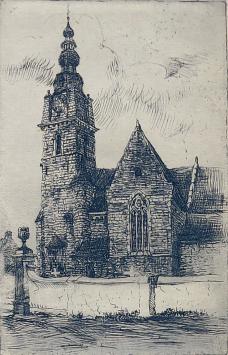 Romain Malfliet met een ets van Sint-Aldegondiskerk Mespelare