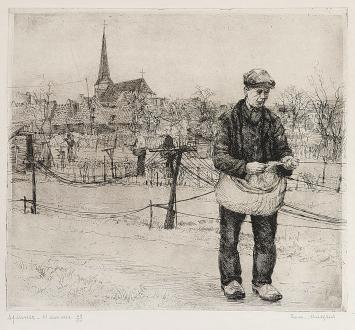 Belgische etser R. Malfliet met een ets van een ambacht