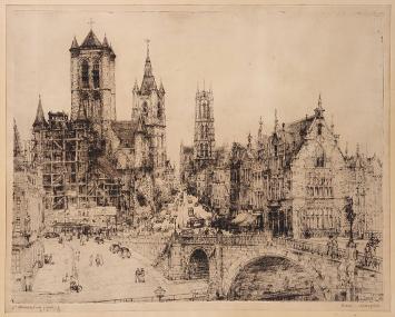 Belgische etser R. Malfliet met een ets van Gent