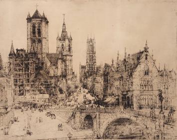 Romain Malfliet met een ets van St Michielsbrug