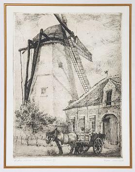 Belgische etser R. Malfliet met een ets van een molen